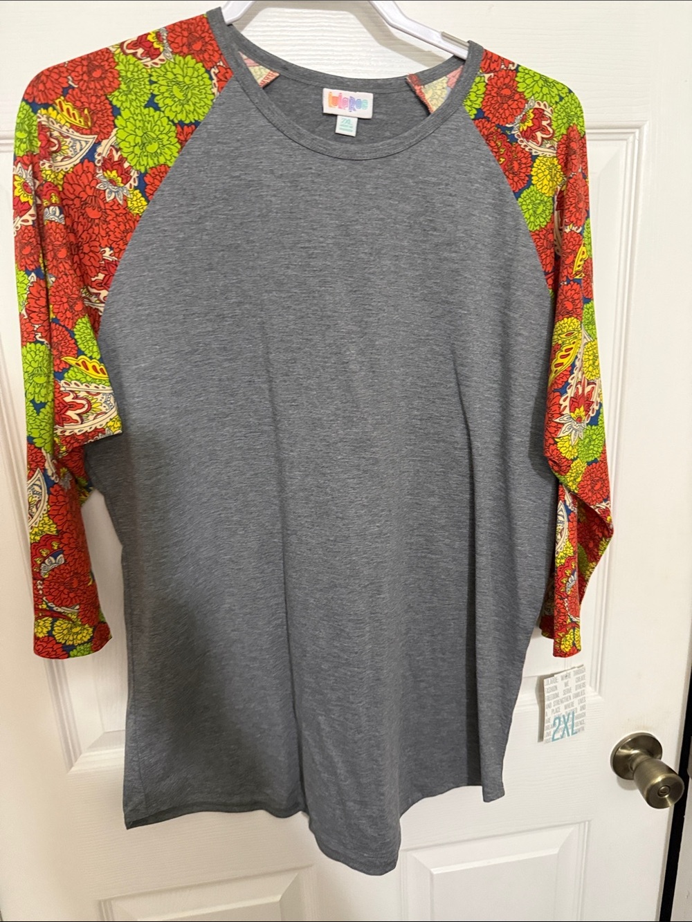 LuLaRoe Gray Raglan Top with Red & Green Floral Sleeves